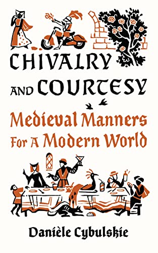 Book cover with black and orange illustrations of medieval figures and modern objects.