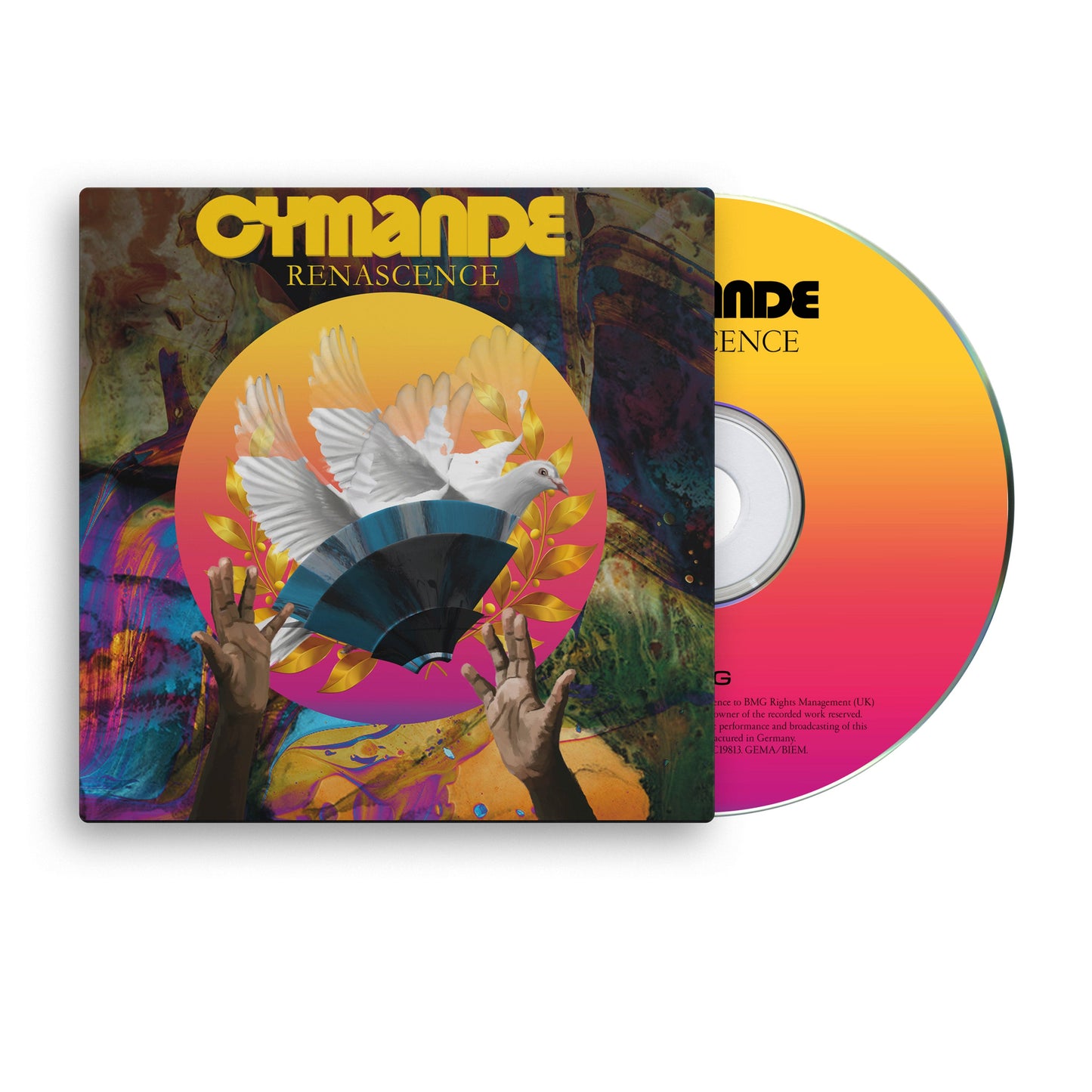 Cymande "Renascence" CD cover with colorful abstract art and doves.