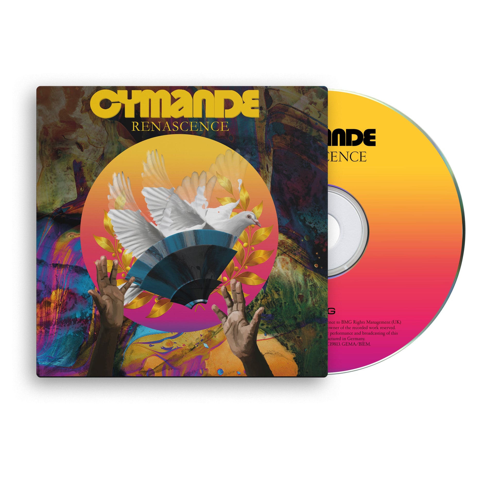 Cymande "Renascence" CD cover with colorful abstract art and doves.