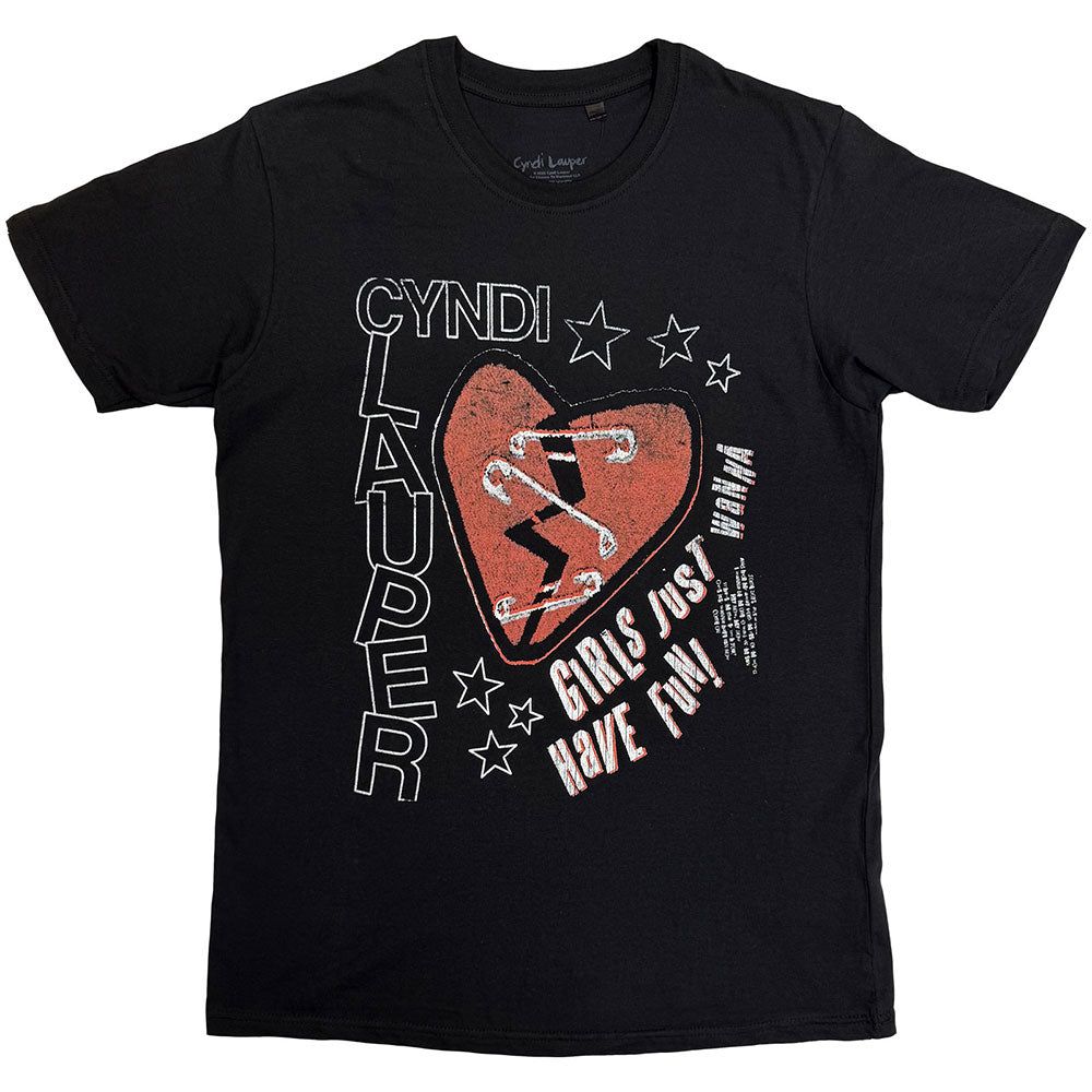 Black t-shirt with Cyndi Lauper text, a red heart, and Girls Just Have Fun.