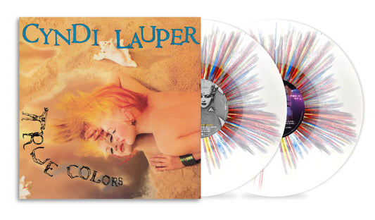 Cyndi Lauper’s “True Colors” 40th anniversary vinyl record with colorful swirl pattern.