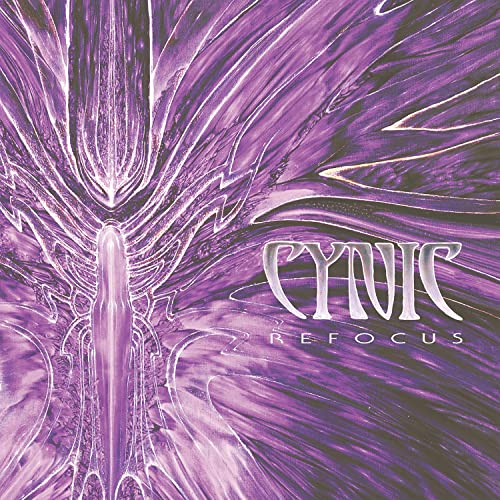 Purple abstract album cover for Cynic’s “Refocus” with band logo.