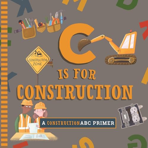 Book cover with large orange "C", construction tools, and children.