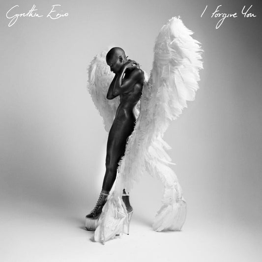Black and white album cover featuring Cynthia Erivo with large white wings.