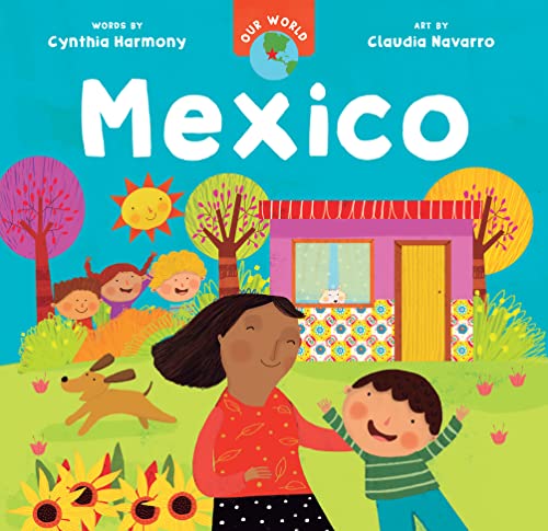 Children's book cover titled Mexico featuring a woman, child, dog, and colorful house.