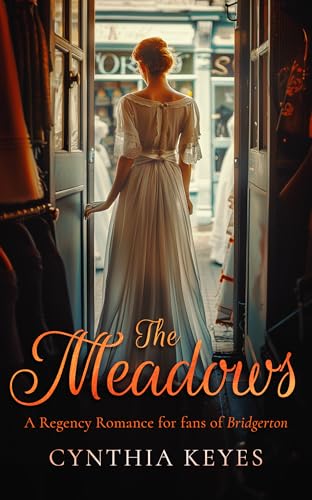 Book cover: woman in long dress standing in doorway, title "The Meadows".