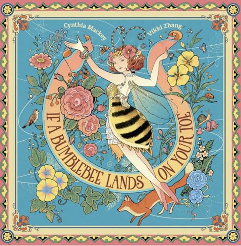 Book cover with a bee-dressed girl, flowers, and woodland creatures.