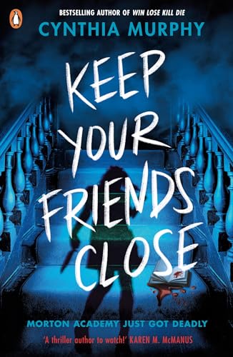 Book cover: person with knife on staircase, dark and ominous.