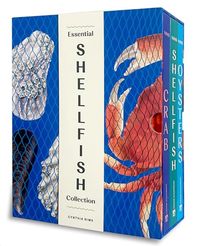 Blue cookbook box set featuring illustrations of crab, oysters, and shellfish.