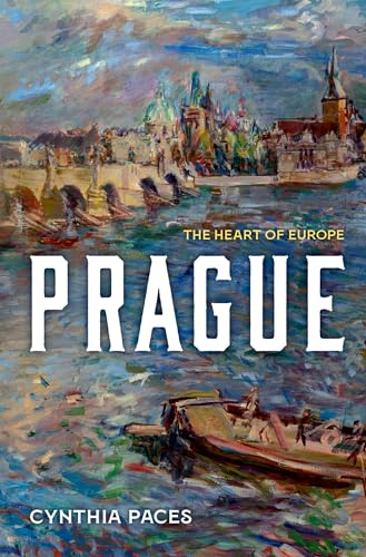 Book cover: Impressionistic painting of Prague cityscape with boats.