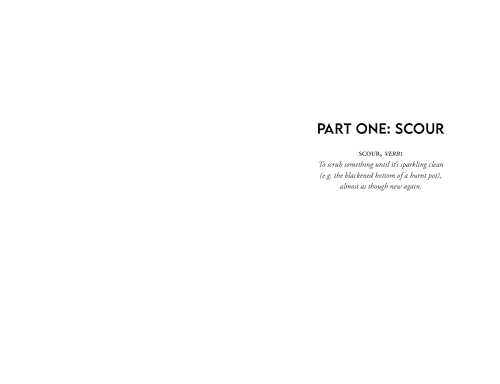 Text on a white page reads Part One: Scour, followed by its dictionary definition.