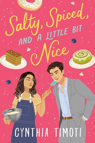Book cover with illustrated couple, desserts, and pink background.