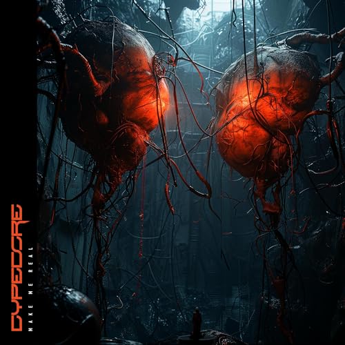 Dark, surreal image of glowing, organic forms suspended in a cavernous space.