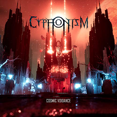 AlbumHolographic figure standing before dark spires under a red sky with cosmic imageryC-shaped text.