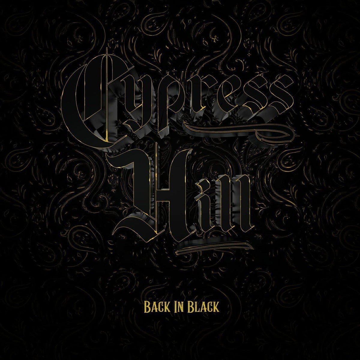 Cypress Hill “Back in Black” vinyl album cover, ornate black and gold design.