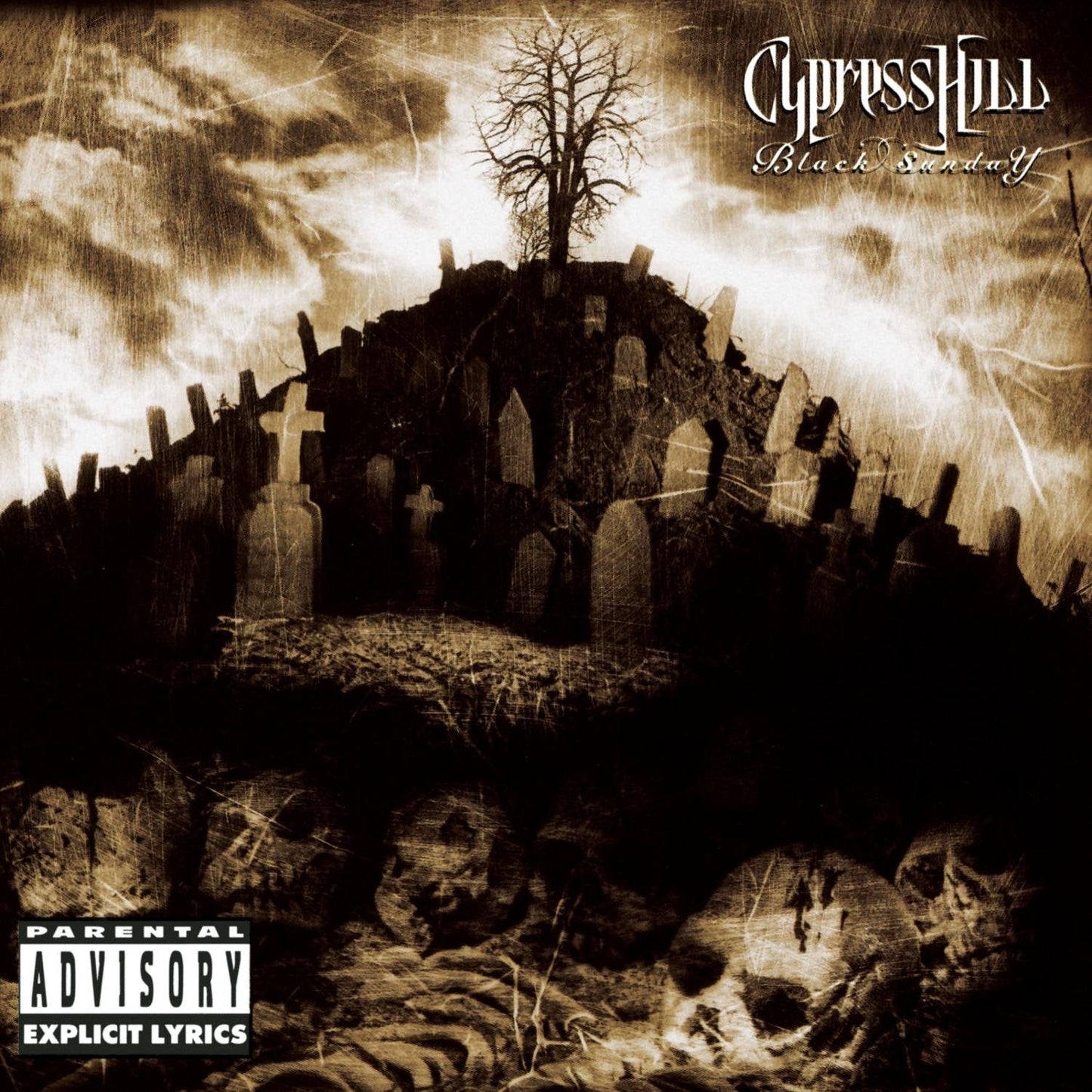 Cypress Hill’s “Black Sunday” CD cover: graveyard scene with skulls and trees.