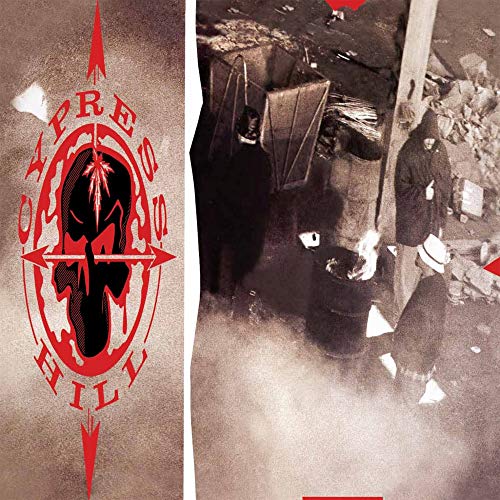 Cypress Hill album cover with a skull graphic and figures in a city.