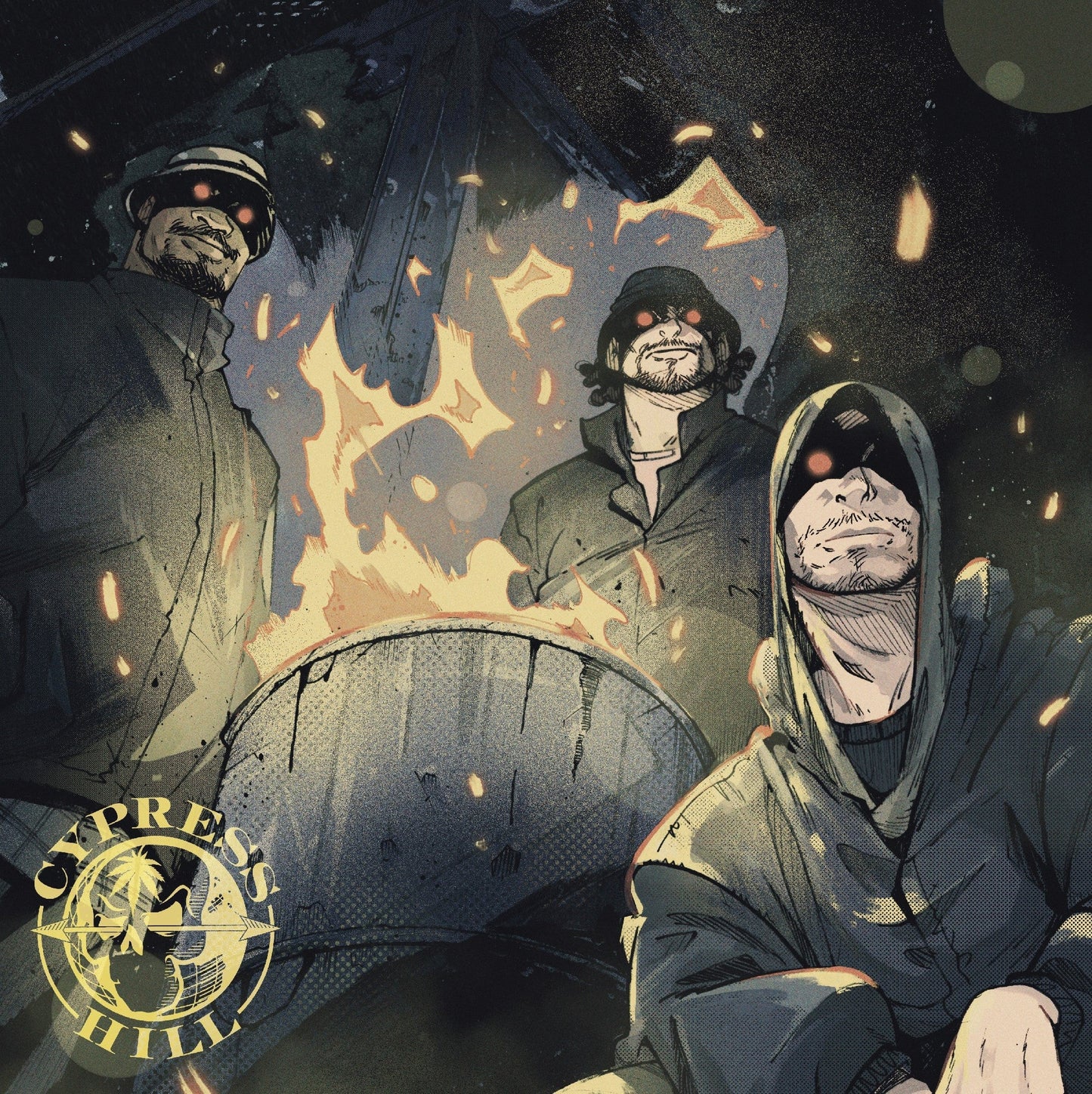 Comic-style illustration of three men with glowing red eyes standing around a fire.