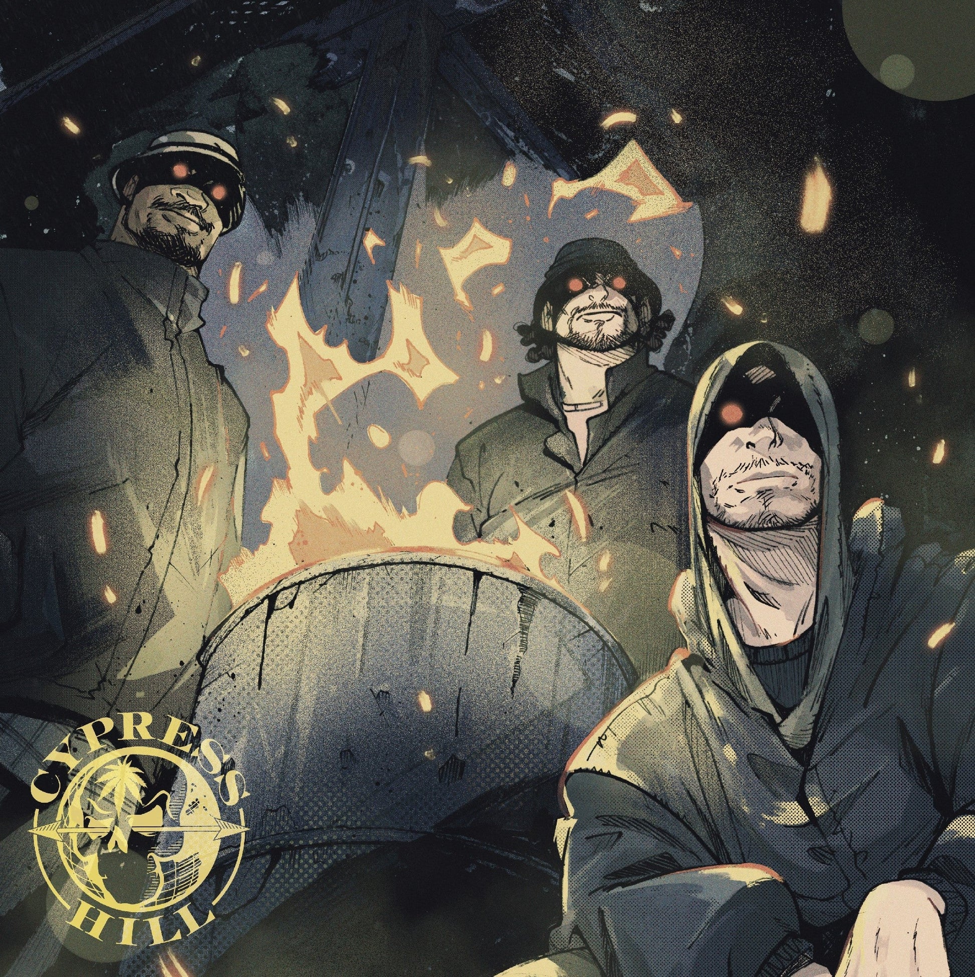 Comic-style illustration of three men with glowing red eyes standing around a fire.