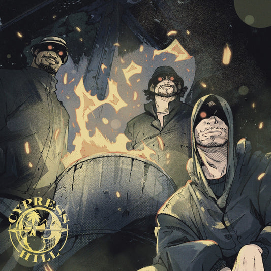 Comic-style illustration of three men with glowing red eyes standing around a fire.