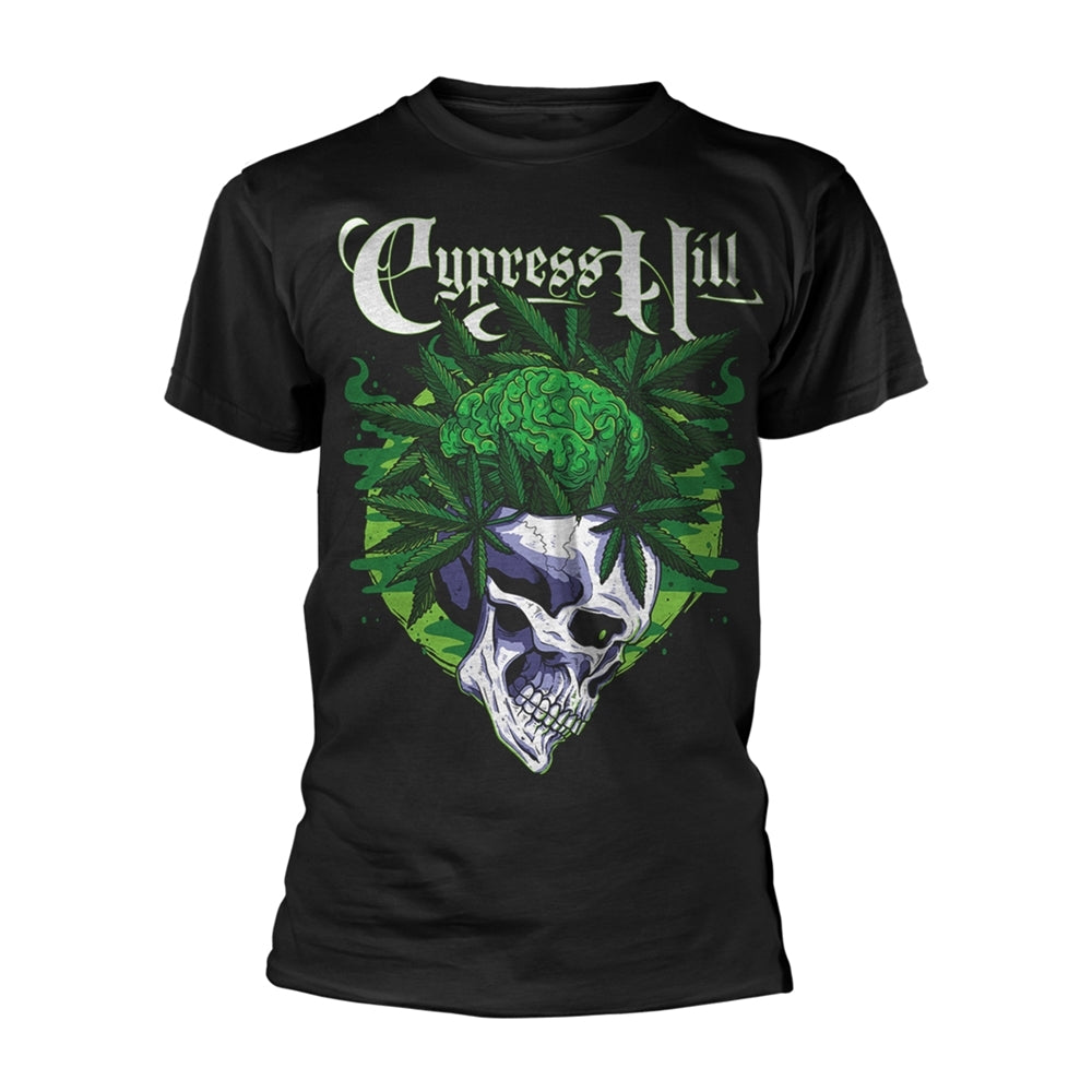 Black Cypress Hill t-shirt with skull, brain, and cannabis leaves design.
