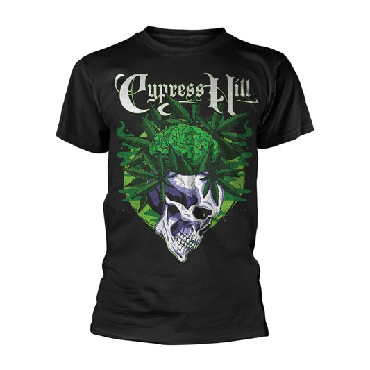 Black Cypress Hill t-shirt with skull, brain, and cannabis leaves design.