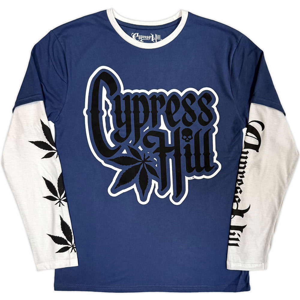 Blue long-sleeve shirt with white layered sleeves, Cypress Hill logo, and leaf graphics.