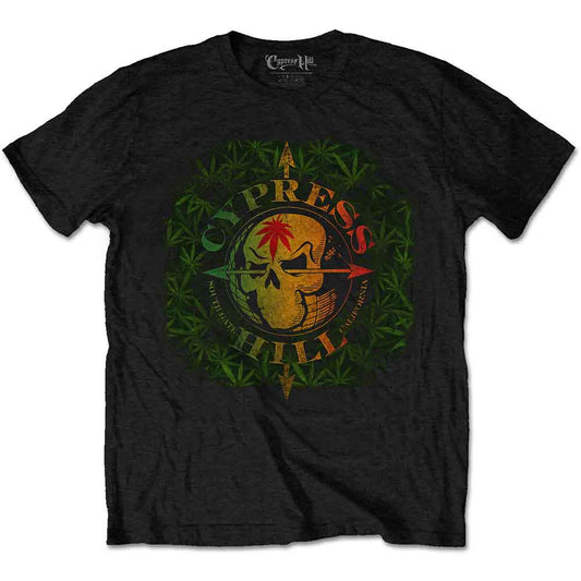 Black Cypress Hill t-shirt with skull, palm tree, and cannabis leaf design.