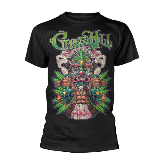 Black Cypress Hill t-shirt with colorful tiki and cannabis artwork.