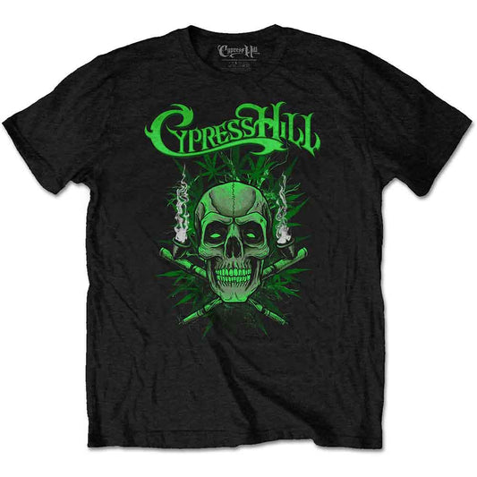 Black Cypress Hill t-shirt with green skull, crossbones, and logo design.