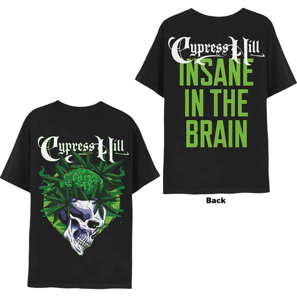 Black t-shirt with Cypress Hill's "Insane In The Brain" album art on the back.