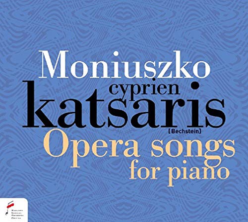 Blue album cover with white, black, and yellow text, featuring a piano music theme.