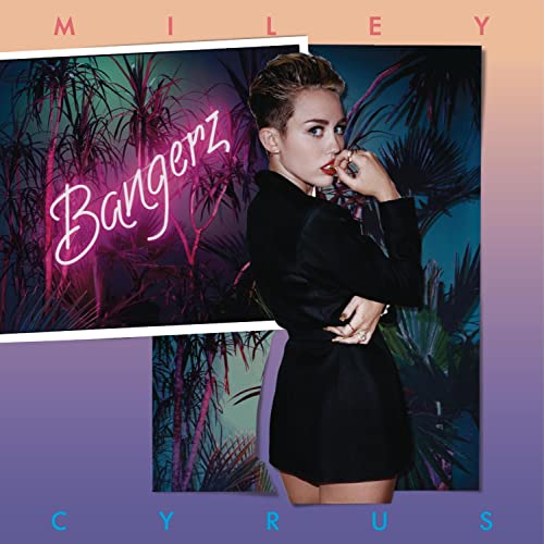 Miley Cyrus album cover, "Bangerz," featuring a portrait and neon sign.