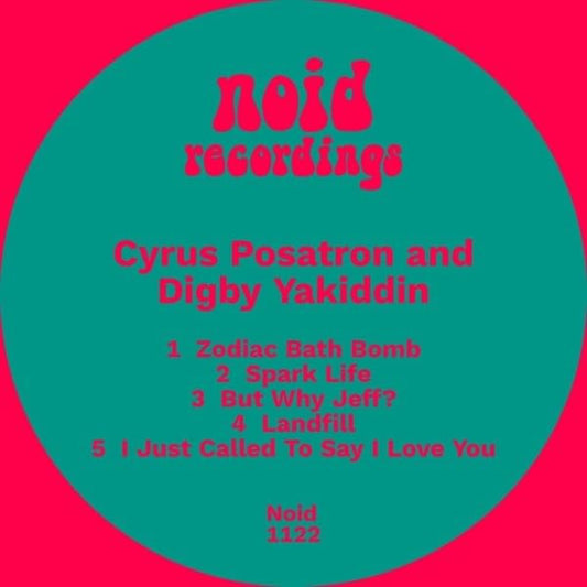 Turquoise and red vinyl record label with text listing artist and track names.