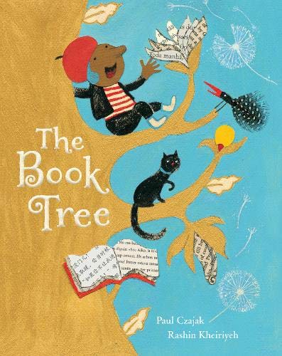 Illustration of a child and black cat in a tree with books and birds.