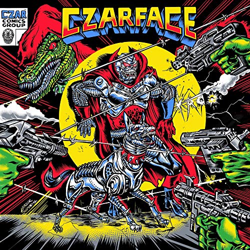 Comic book style cover art featuring a cyborg figure, robotic dog, and green hands.