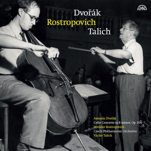 Black and white album cover featuring Rostropovich playing cello with Talich.