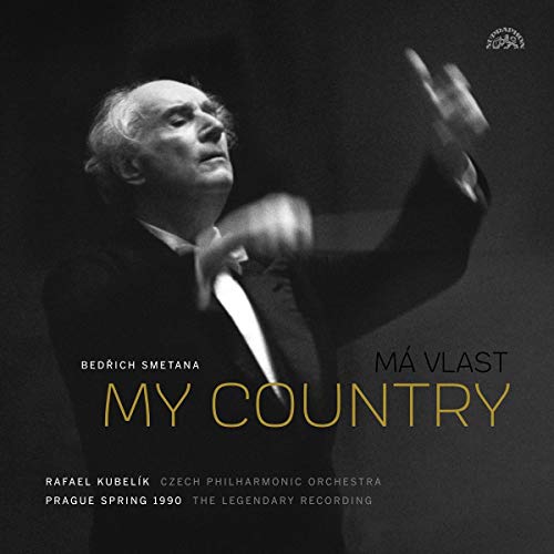 Conductor Rafael Kubelík leading orchestra, album cover for Smetana’s “My Country.”
