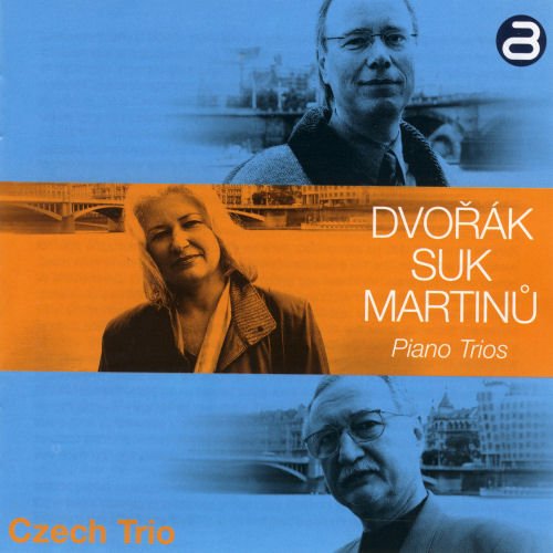 CD cover with three monochrome musician portraits and cityscape, blue and orange hues.