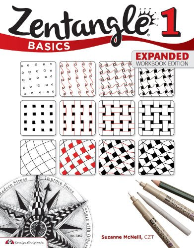 Book cover showing Zentangle patterns, drawing tools, and a compass design on white background.