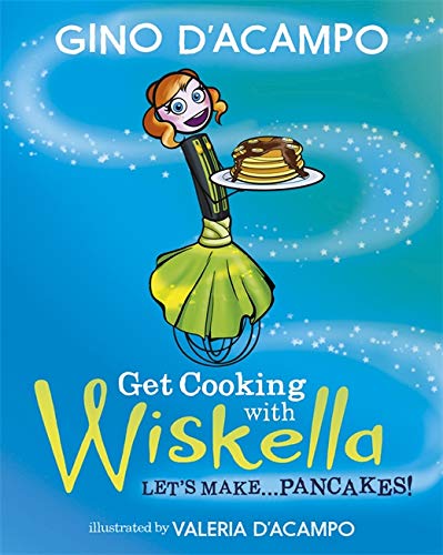 Cartoon chef Wiskella holds a stack of pancakes with chocolate sauce.