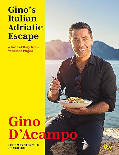 Gino D’Acampo holds pasta on cookbook cover with Adriatic Sea backdrop.