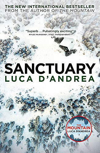 Book cover for "Sanctuary" with snowy landscape and small building image.