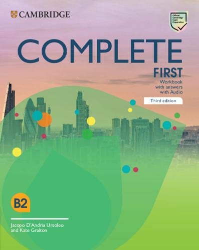 Cambridge Complete First workbook cover, third edition, with cityscape background.