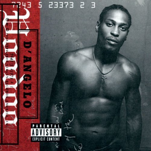 Black and white portrait of a shirtless D'Angelo next to a red text panel.