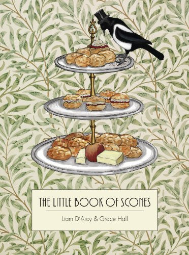 Book cover with scones on a tiered stand and a magpie.