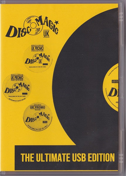 Yellow vinyl record sleeve with "Discomagic UK" logo and stickers.