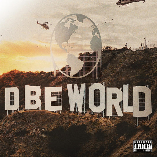 Large white letters spelling DBE WORLD on a hillside with a globe icon above.