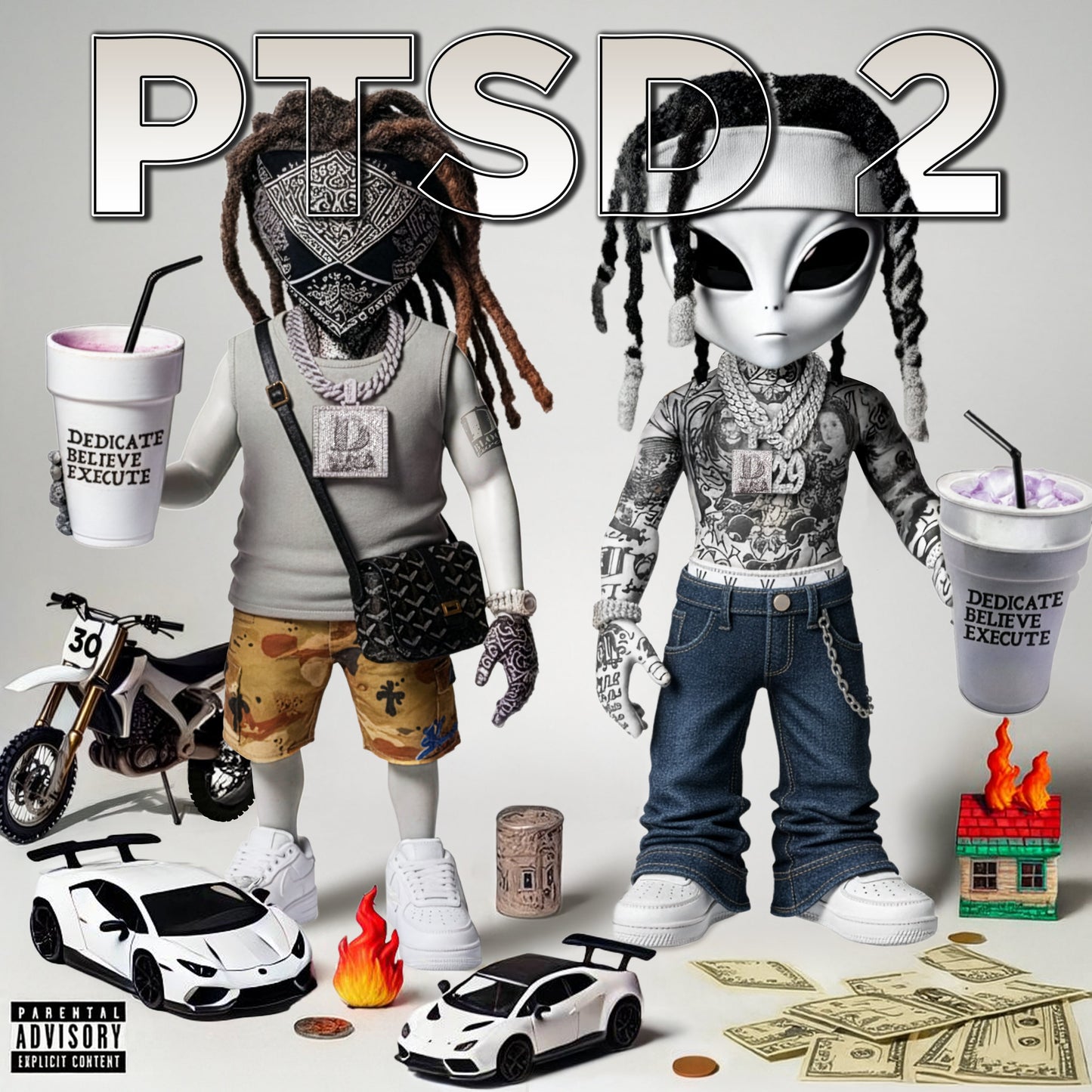 Album cover for D-Block Europe’s “PTSD2” featuring doll-like figures and toy vehicles.