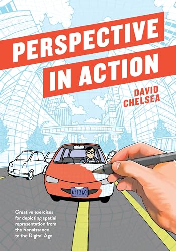 Book cover: “Perspective in Action” with illustration of cars and a hand drawing.